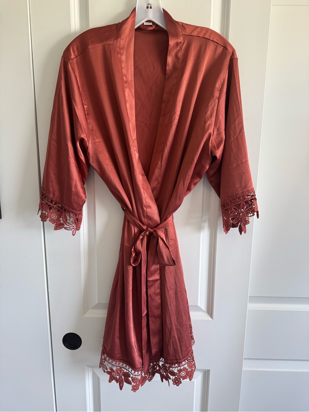 Satin Lace-Trim Short Robe in Rust - Picture 2 of 7